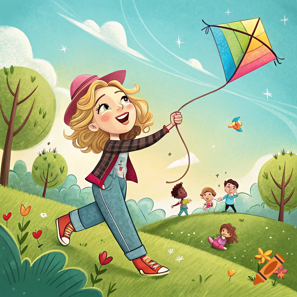 A joyful cartoon girl flies a colorful kite on a grassy hill with other children playing in the background under a blue sky.