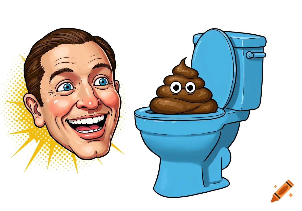 Cartoon head of a smiling man next to a blue toilet with a googly-eyed pile of poop in it.