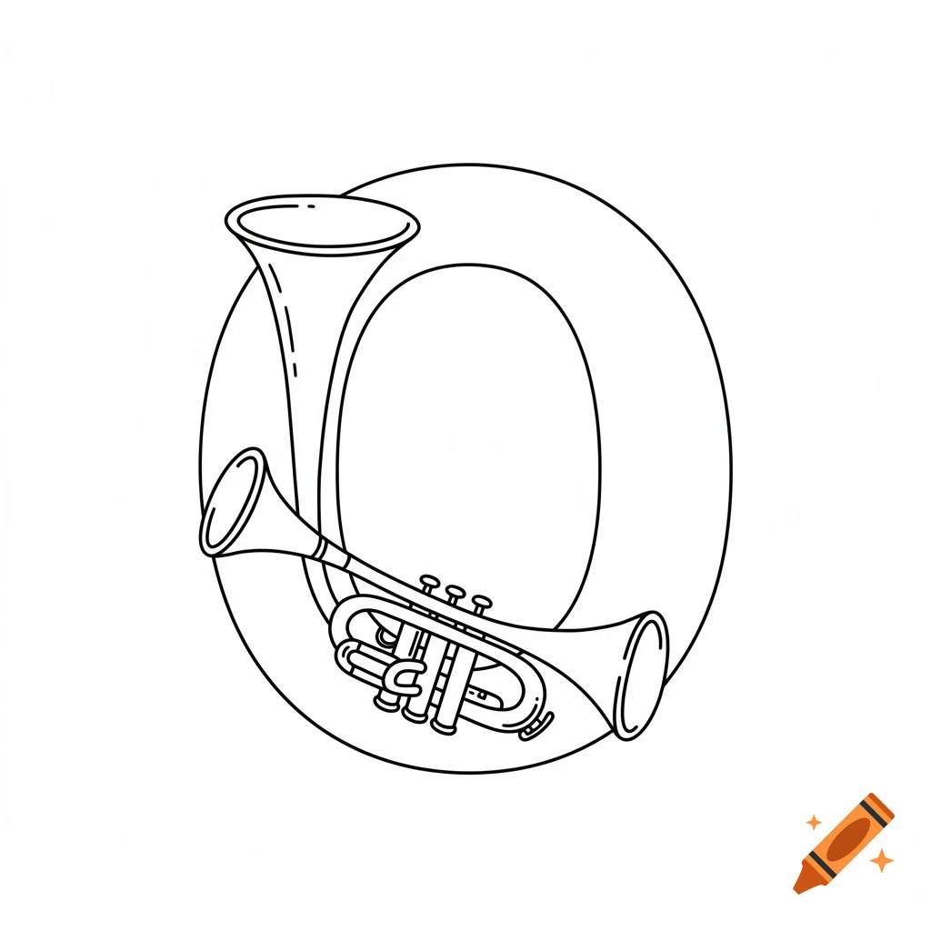 Black and white line art of a musical instrument resembling a tuba and a trumpet forming the letter O on a white background.