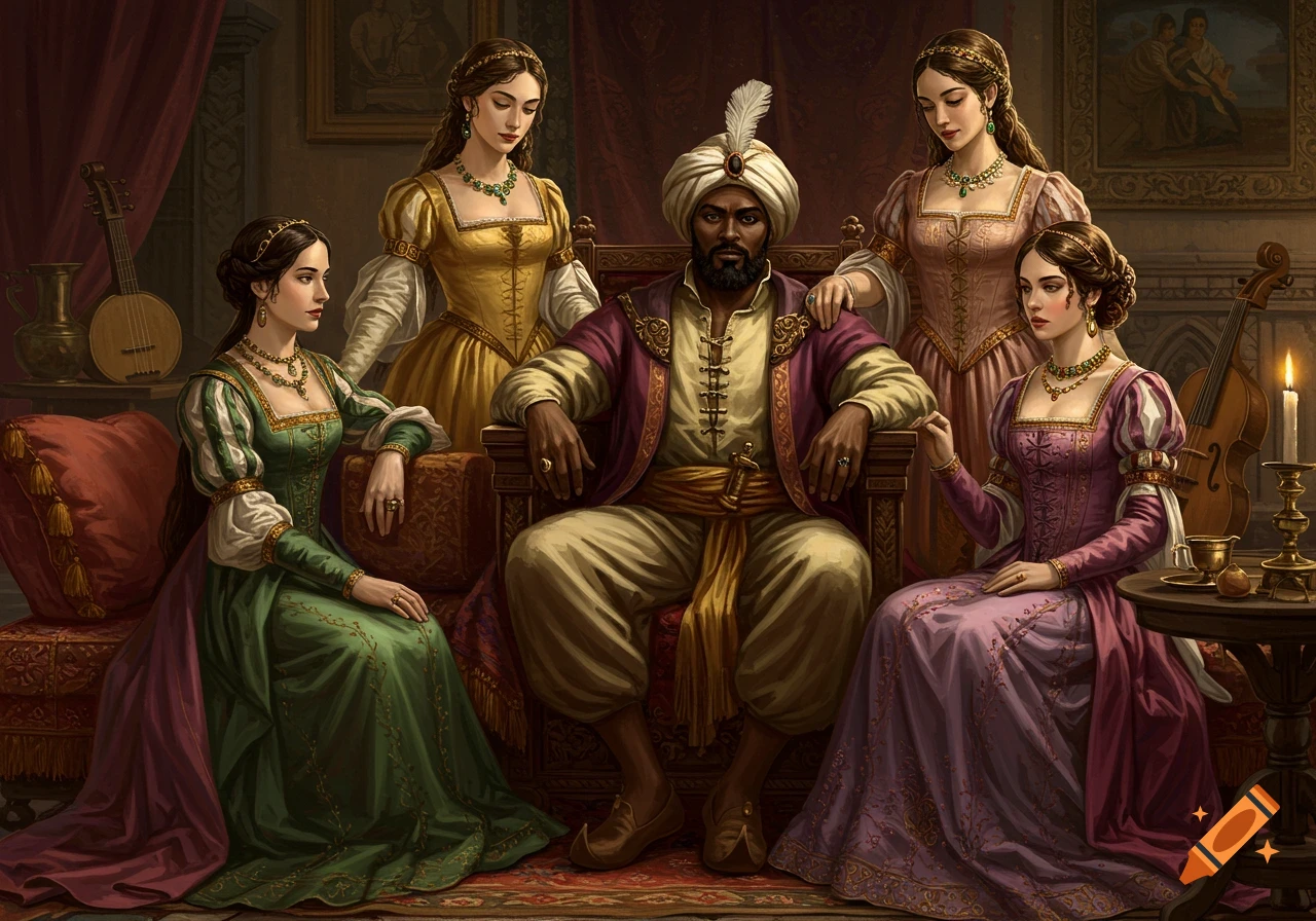A dark-skinned man in a turban and ornate robes sits centrally, surrounded by four women in elaborate historical dresses and jewelry.