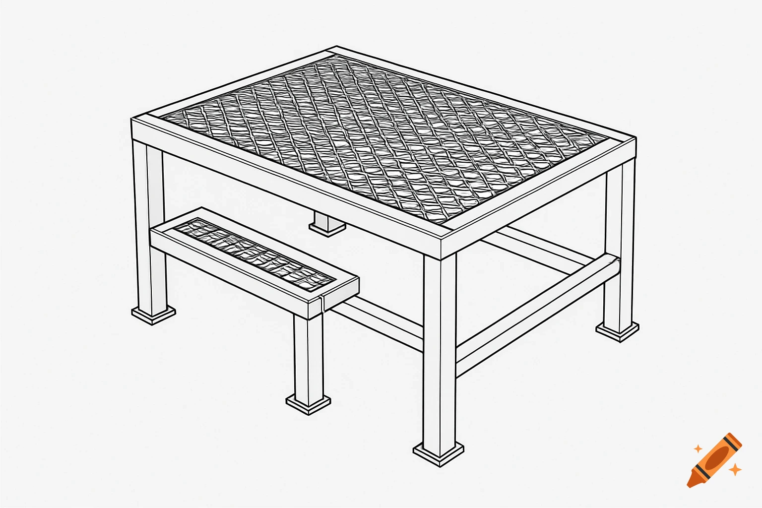 CAD-like line drawing of a metal step-up platform with an open mesh top, and a smaller separate step.