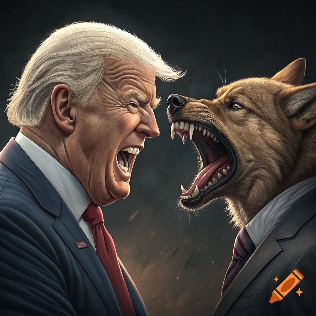 Donald Trump and a dog-headed figure in suits, both roaring at each other in a dramatic, stylized portrait.
