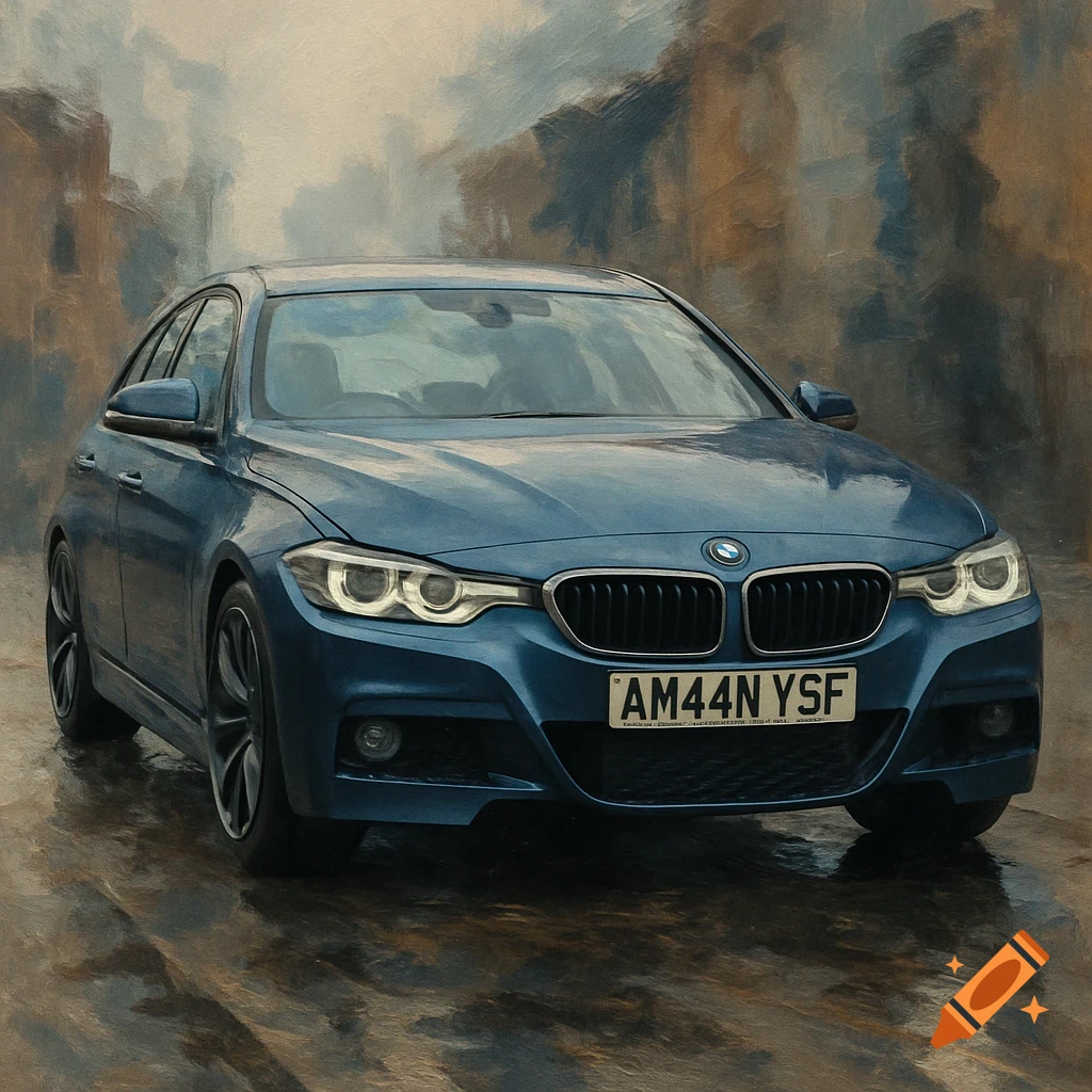A blue BMW car with license plate AM44N YSF, in an oil painting style.