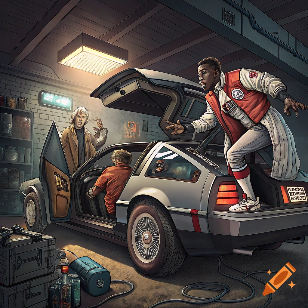 Doc Brown and Marty McFly help Kwame Poku into a DeLorean in a garage, illustrated in a comic book style.
