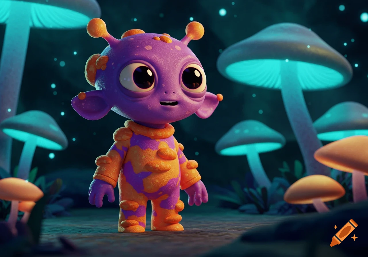 A cute, purple and orange cartoon alien stands in a forest of glowing blue mushrooms at night.