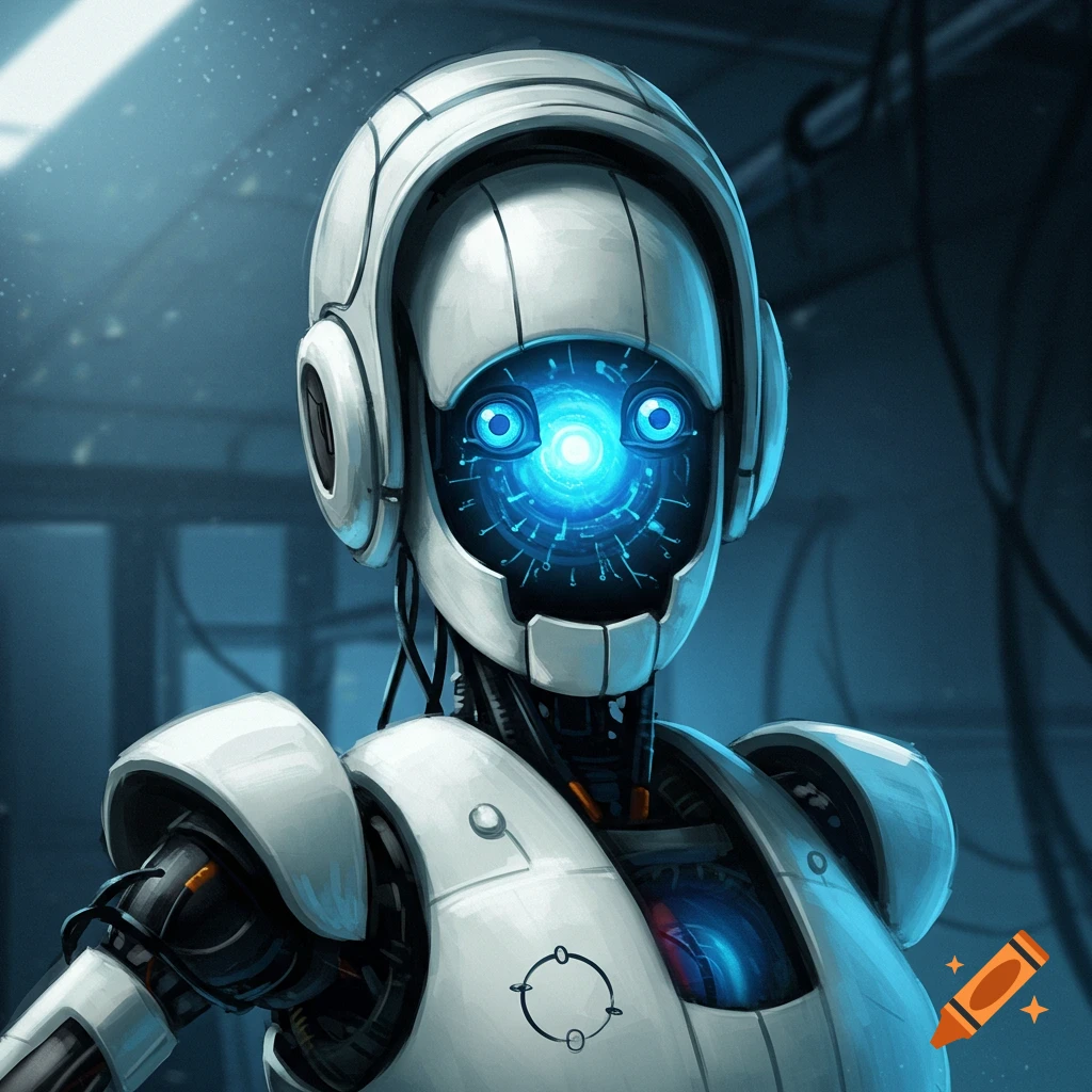 A white and grey robot with glowing blue eyes and a circular symbol on its chest, in a sci-fi digital art style.