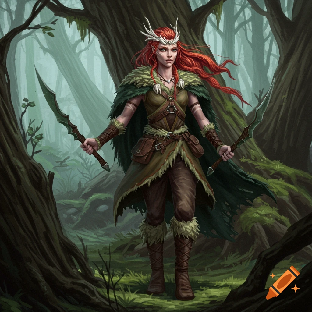 A red-haired woman with an antlered crown and a green cape stands in a misty forest, holding two daggers, in a digital painting style.
