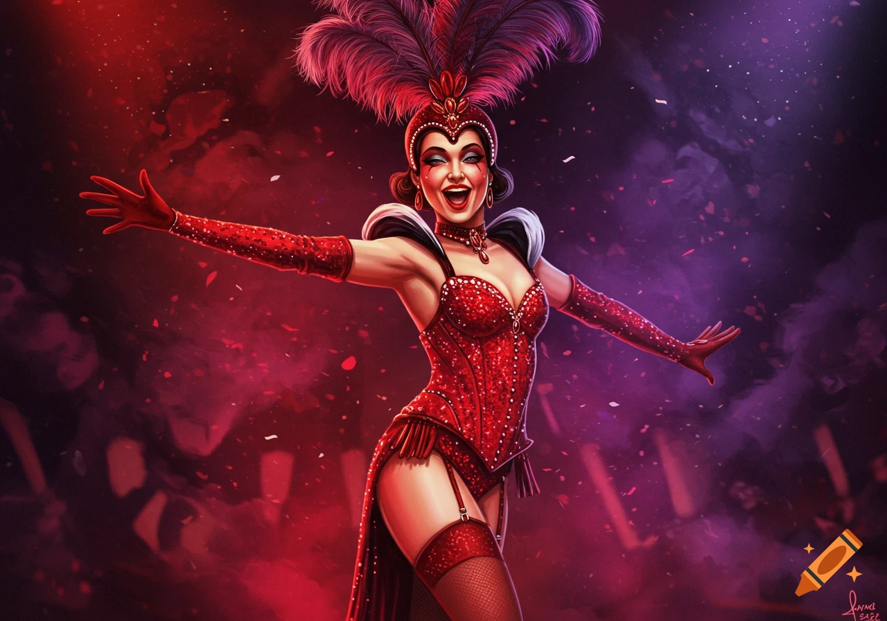 A smiling woman in a red, sparkly burlesque costume with a feathered headdress, arms outstretched on a stage with red and purple lighting.