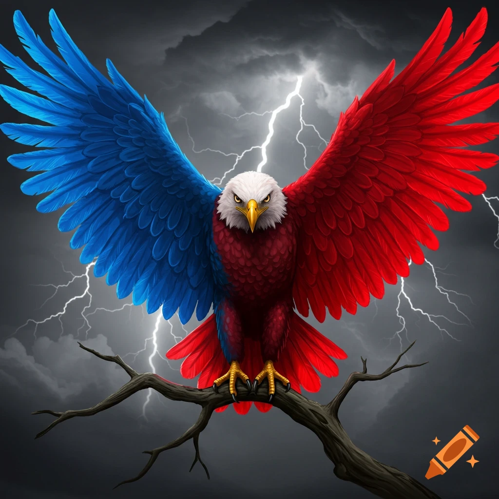 A vibrant illustration of a bald eagle with one blue wing and one red wing, perched on a branch under a stormy sky with lightning.
