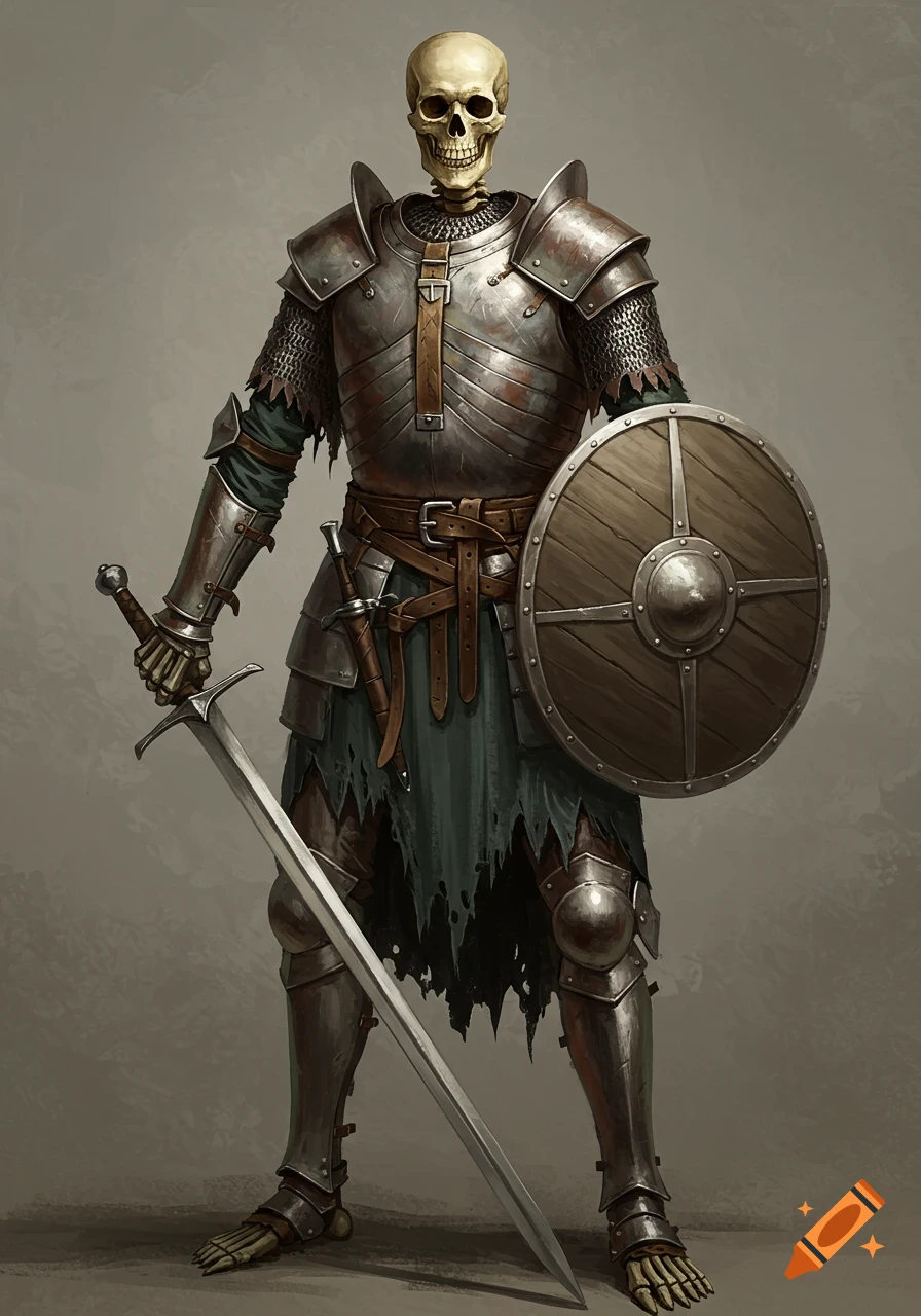 A full-body fantasy art rendering of a skeleton warrior in medieval armor, holding a longsword and a round wooden shield, standing in a battle-ready pose.
