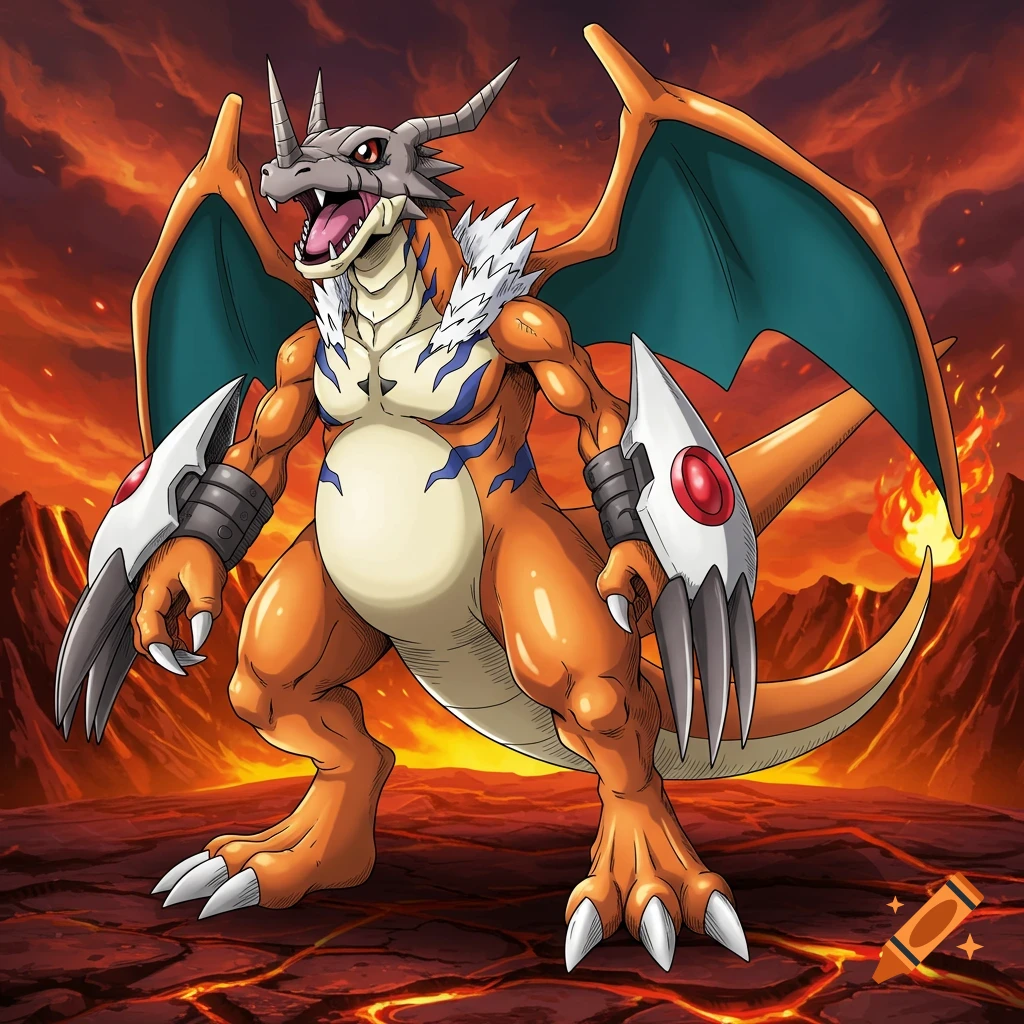 A powerful orange dragon-like monster, a fusion of Charizard and Greymon, stands in a fiery volcanic landscape.