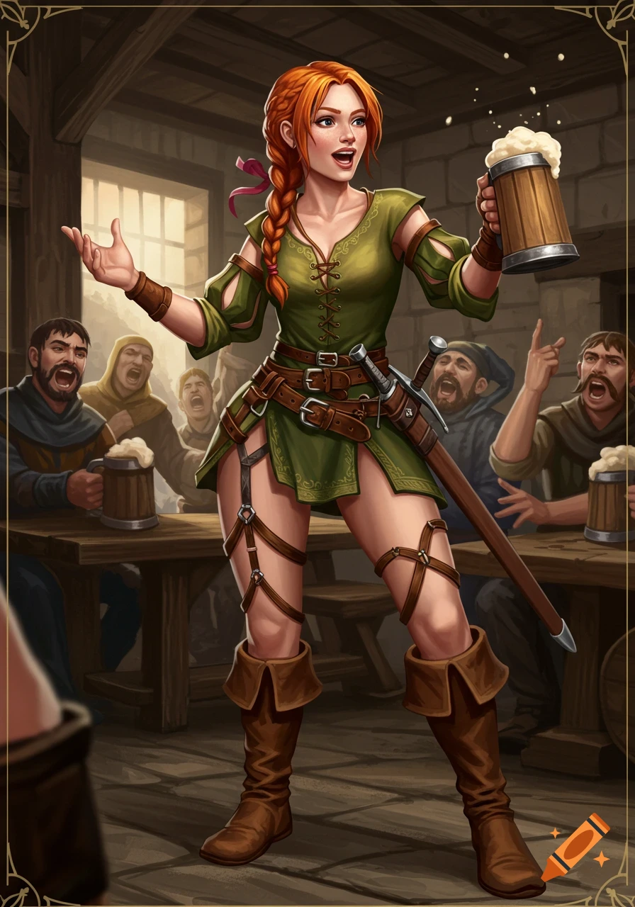 A redheaded woman in a green tunic, brown boots, and a sword stands in a rowdy medieval inn, holding a beer mug and singing.