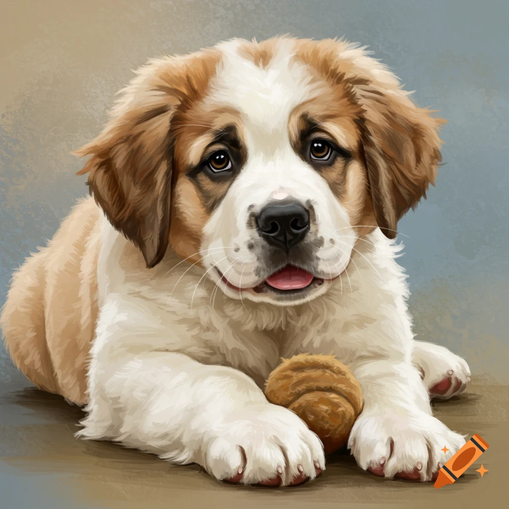 A cute St. Bernard puppy with brown and white fur lies on the ground with a small brown toy.