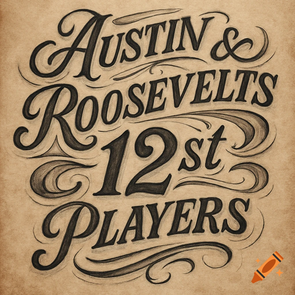 Calligraphic lettering of 'Austin & Roosevelts 12st Players' on a brown paper texture, in a vintage tattoo design style.