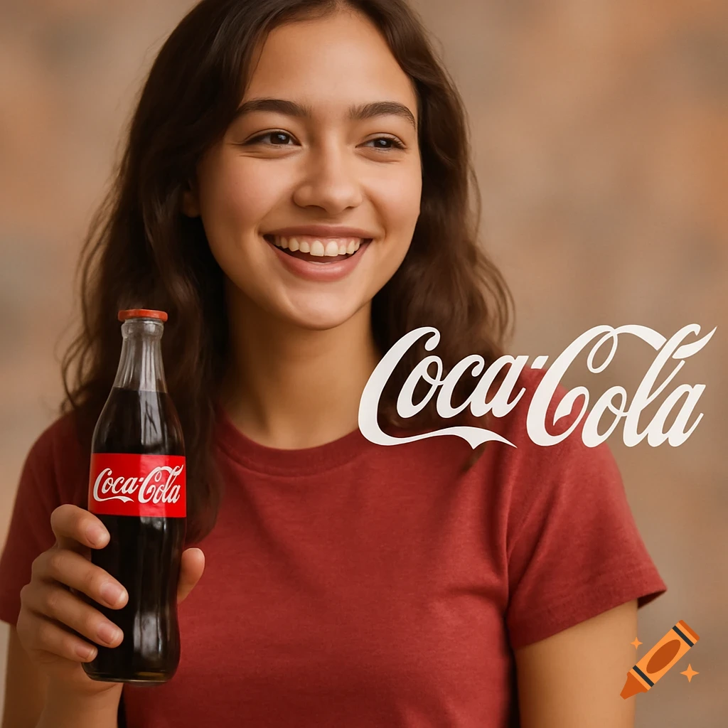 A young woman with a wide smile holds a Coca-Cola bottle, with the Coca-Cola logo floating in the background.