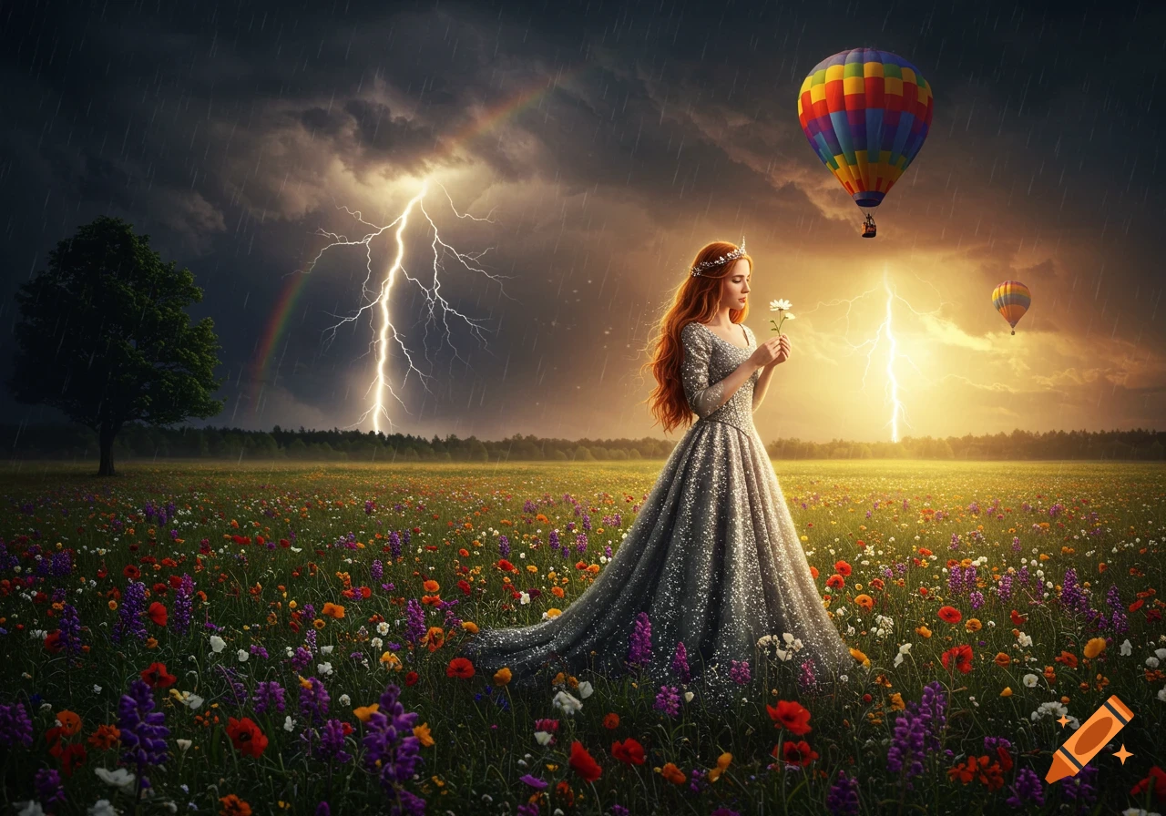 A princess in a gray gown stands in a field of colorful flowers under a stormy sky with lightning, a rainbow, and hot air balloons.
