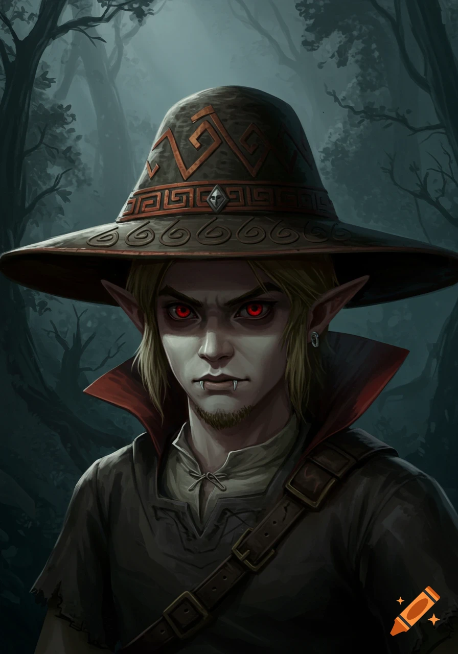 Realistic portrait of a vampire elf character with red eyes, fangs, stubble, and a patterned hat in a dark forest.
