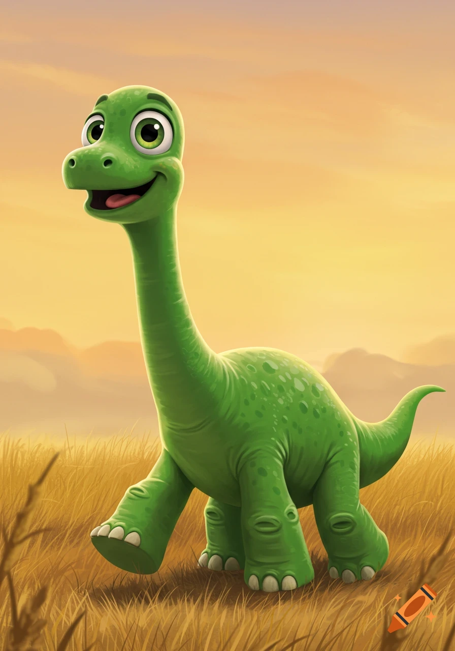A cheerful, bright green cartoon dinosaur with large eyes stands in a golden grassy field under a warm, gradient sky.