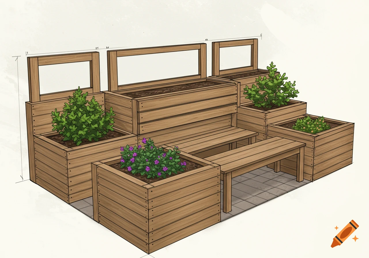 An architectural drawing of a modular wooden planter box and bench system with plants, featuring dimension lines.