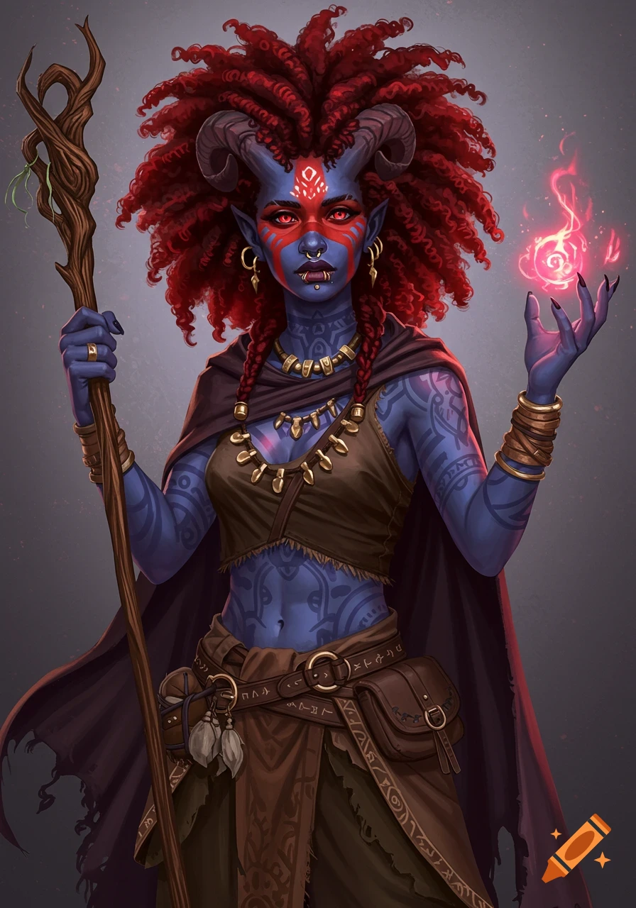 African tiefling warlock with blue skin, red curly hair, red warpaint, and tattoos, holding a staff and casting a spell with glowing red magic.