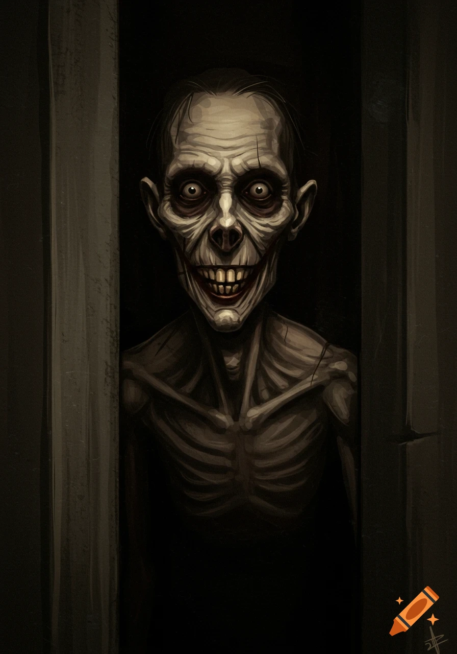 A creepy, gaunt man with a wide smile and large eyes peers from a dark doorway in a digital painting.