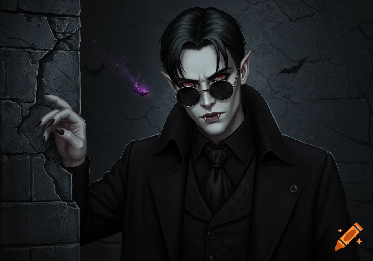 A pale male vampire with red eyes, fangs, and round sunglasses, dressed in a black suit, standing in a gothic digital art style.