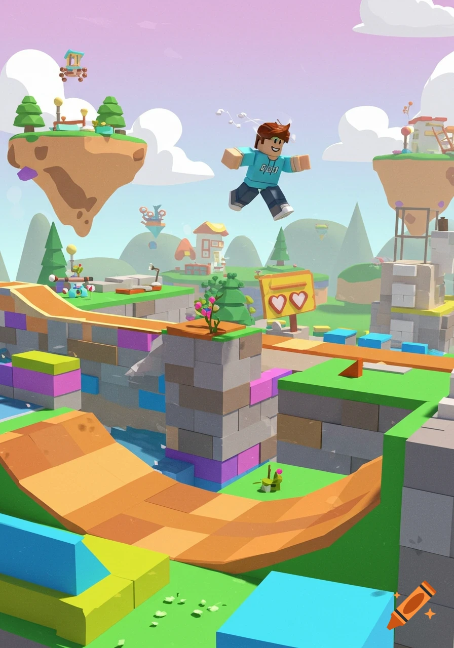 A blocky Roblox-style avatar jumps across a colorful parkour obstacle course with floating islands.