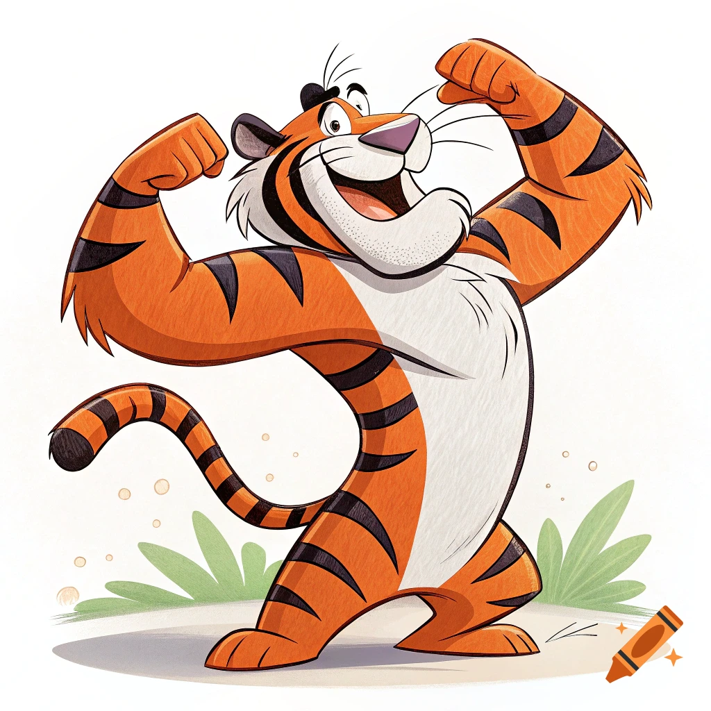 A cartoon tiger, resembling Tony the Tiger, flexes his biceps with a happy expression.