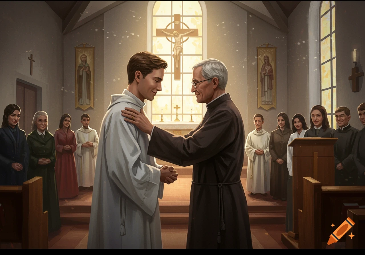An older priest places his hand on the shoulder of a younger man in white robes during a religious ceremony inside a church, with other people observing.