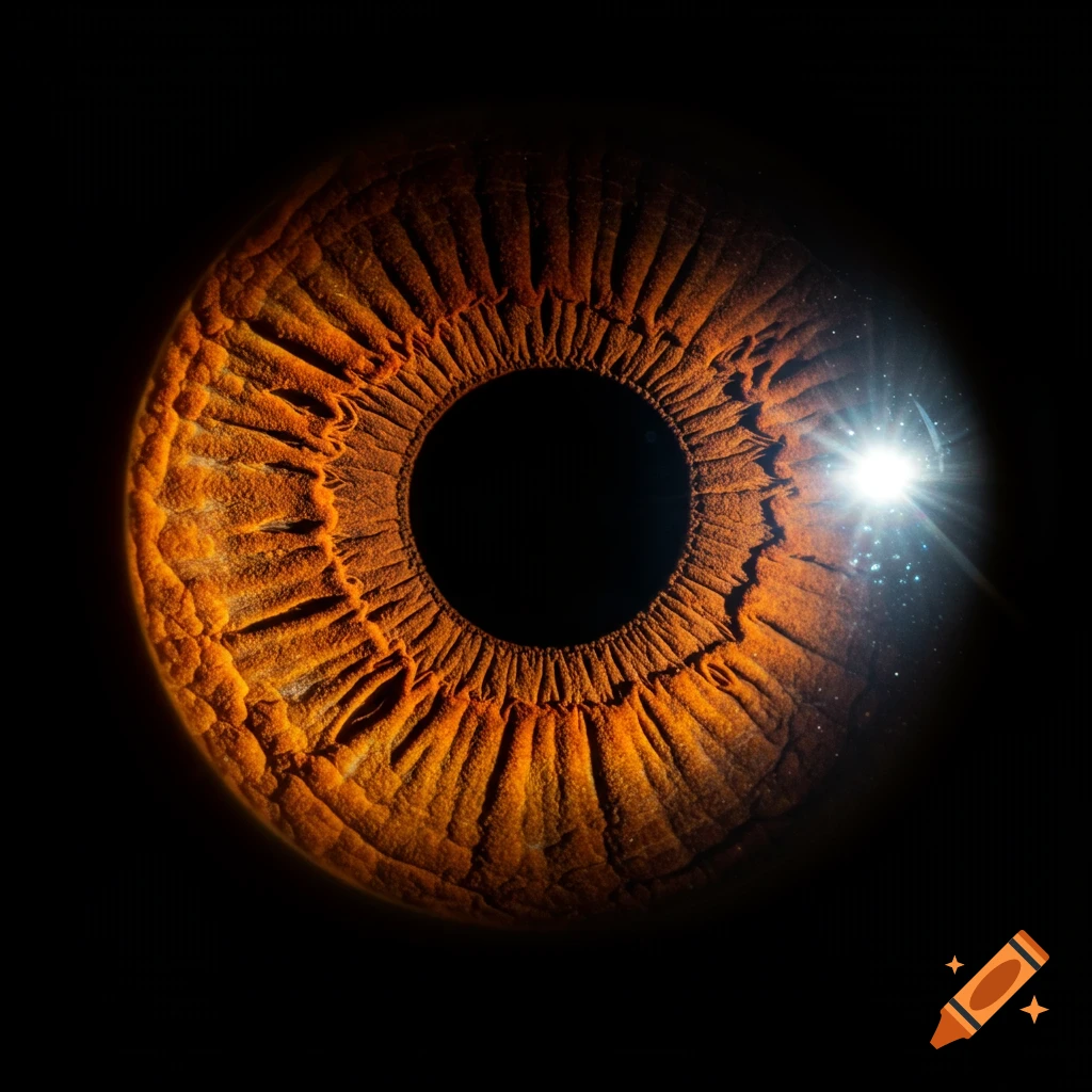 A highly detailed, close-up, and realistic photo of a human eye's brown iris with a bright light reflection on a black background.