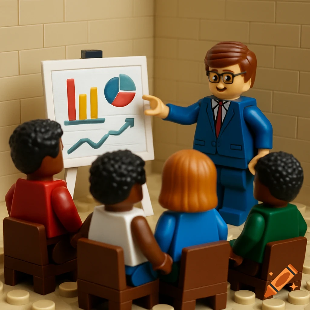 A Lego business person presents a chart to an audience of three diverse Lego figures seated in a classroom setting.