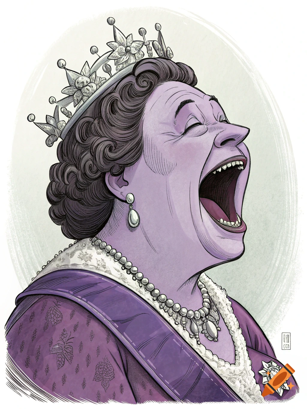 Cartoon illustration of Queen Victoria with purple skin and a crown, yelling with a vertically long open mouth.