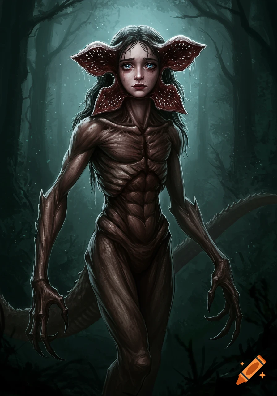 A humanoid creature, a blend of Demogorgon and human, with a monstrous body and human face stands in a dark, misty forest.