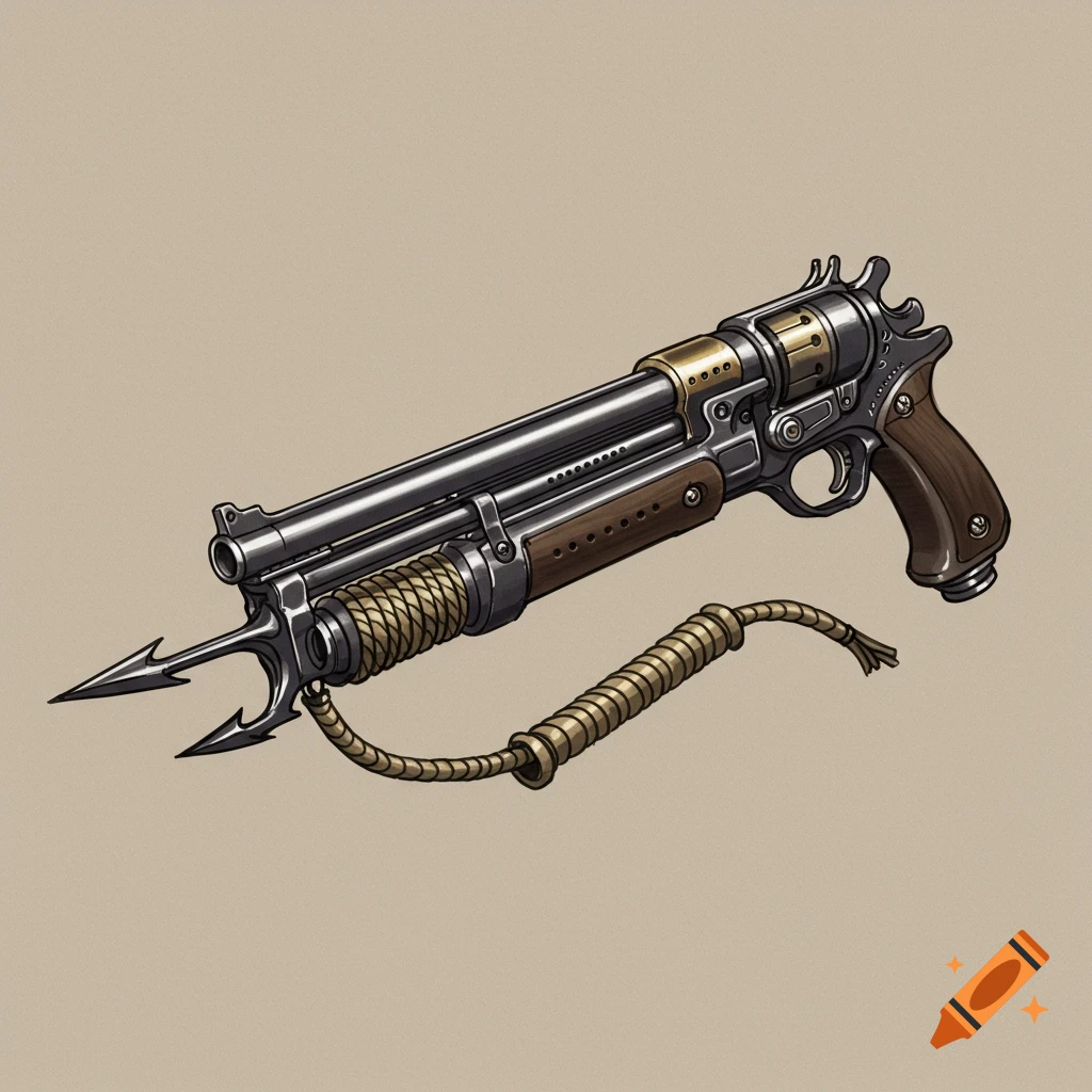 A detailed illustration of a steampunk harpoon pistol on a plain background.