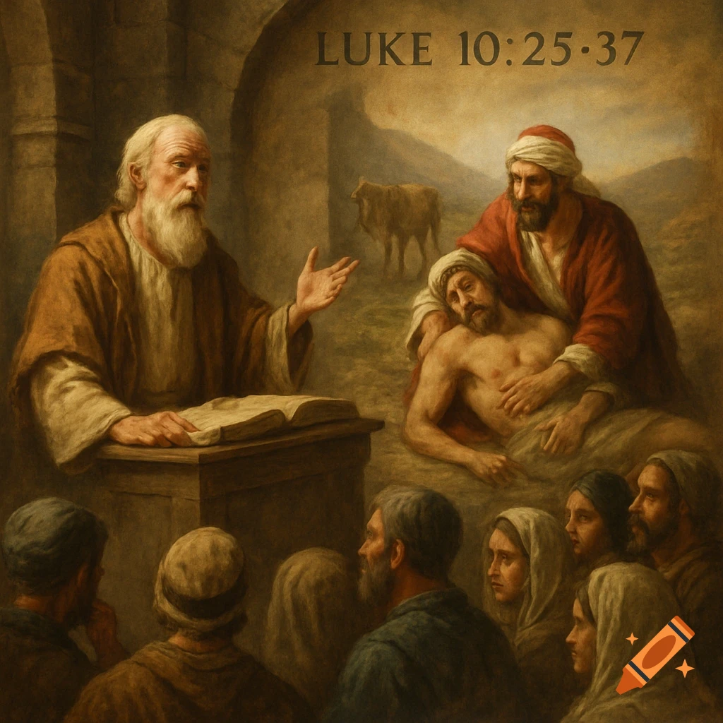 A painting of a biblical scene, with an elder teaching a crowd and a man aiding an injured person, referencing Luke 10:25-37.
