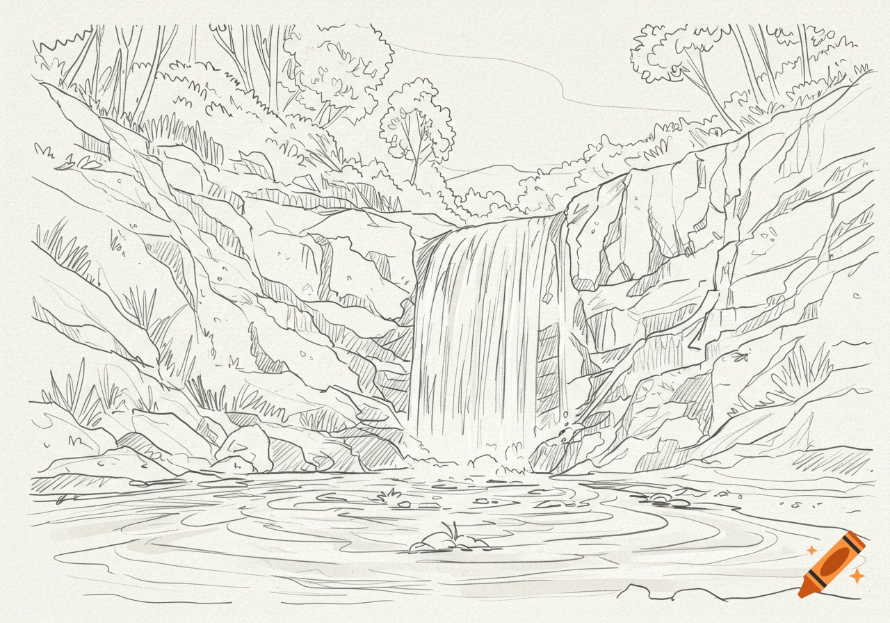 Simple black and white line art sketch of a waterfall cascading down rocky cliffs into a pool of water, with trees above.