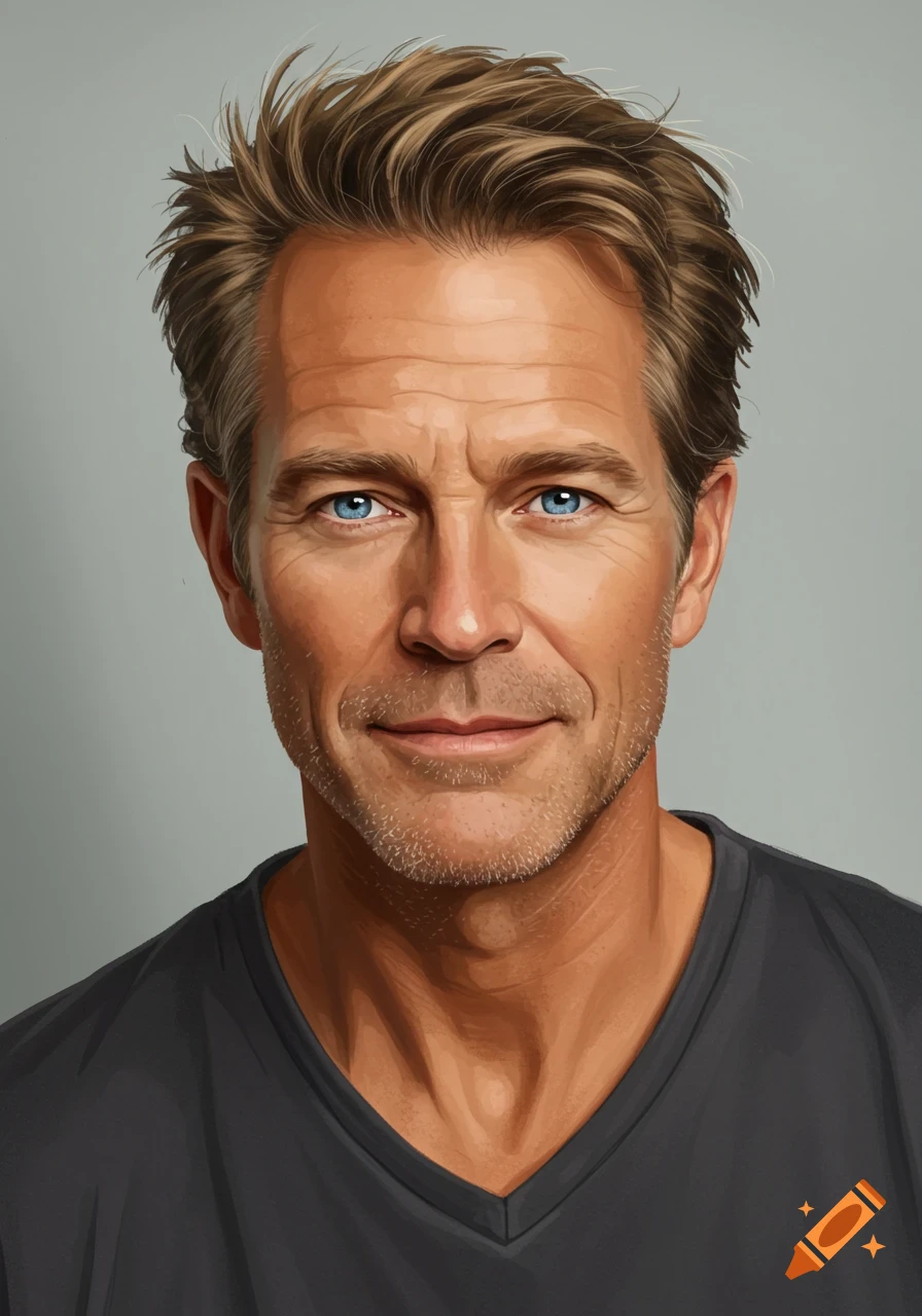 A close-up digital painting of a middle-aged man with blue eyes, light brown hair, and tanned skin, wearing a dark gray v-neck shirt.