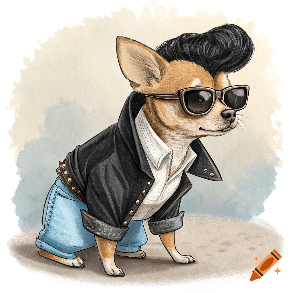 Illustration of a chihuahua dressed as Elvis, with a black leather jacket, sunglasses, and a pompadour hairstyle.