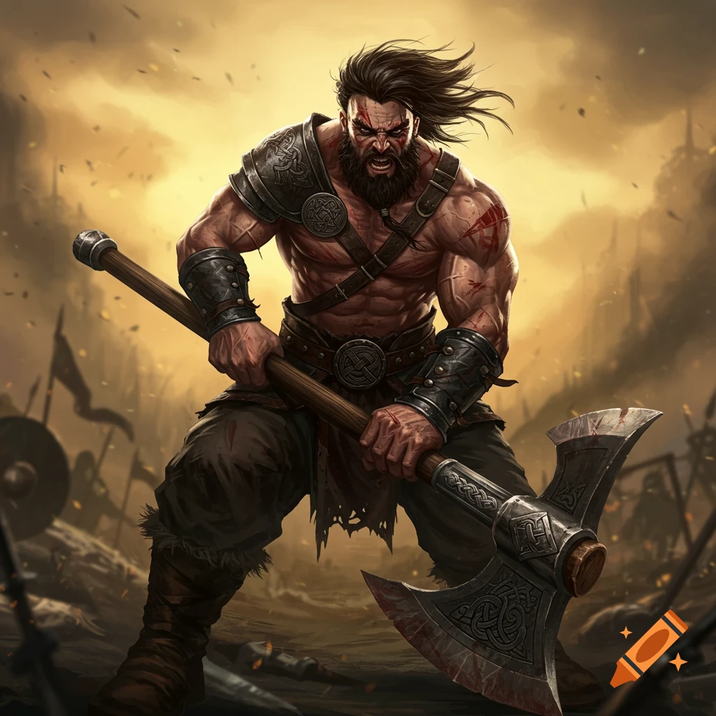 A muscular, angry fantasy warrior with long hair and a beard wields a large double-bladed axe on a battlefield.