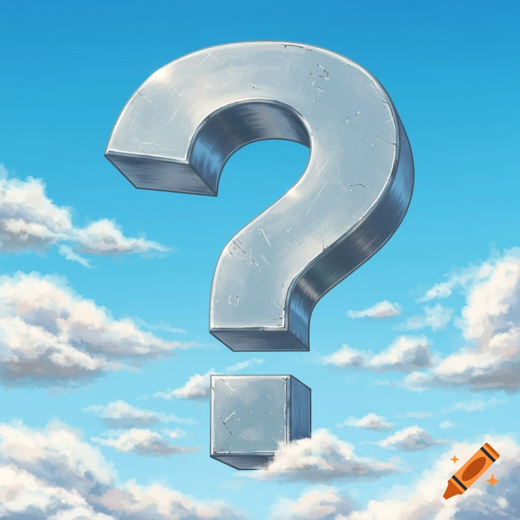 A large metallic 3D question mark floats in a bright blue sky with white clouds.