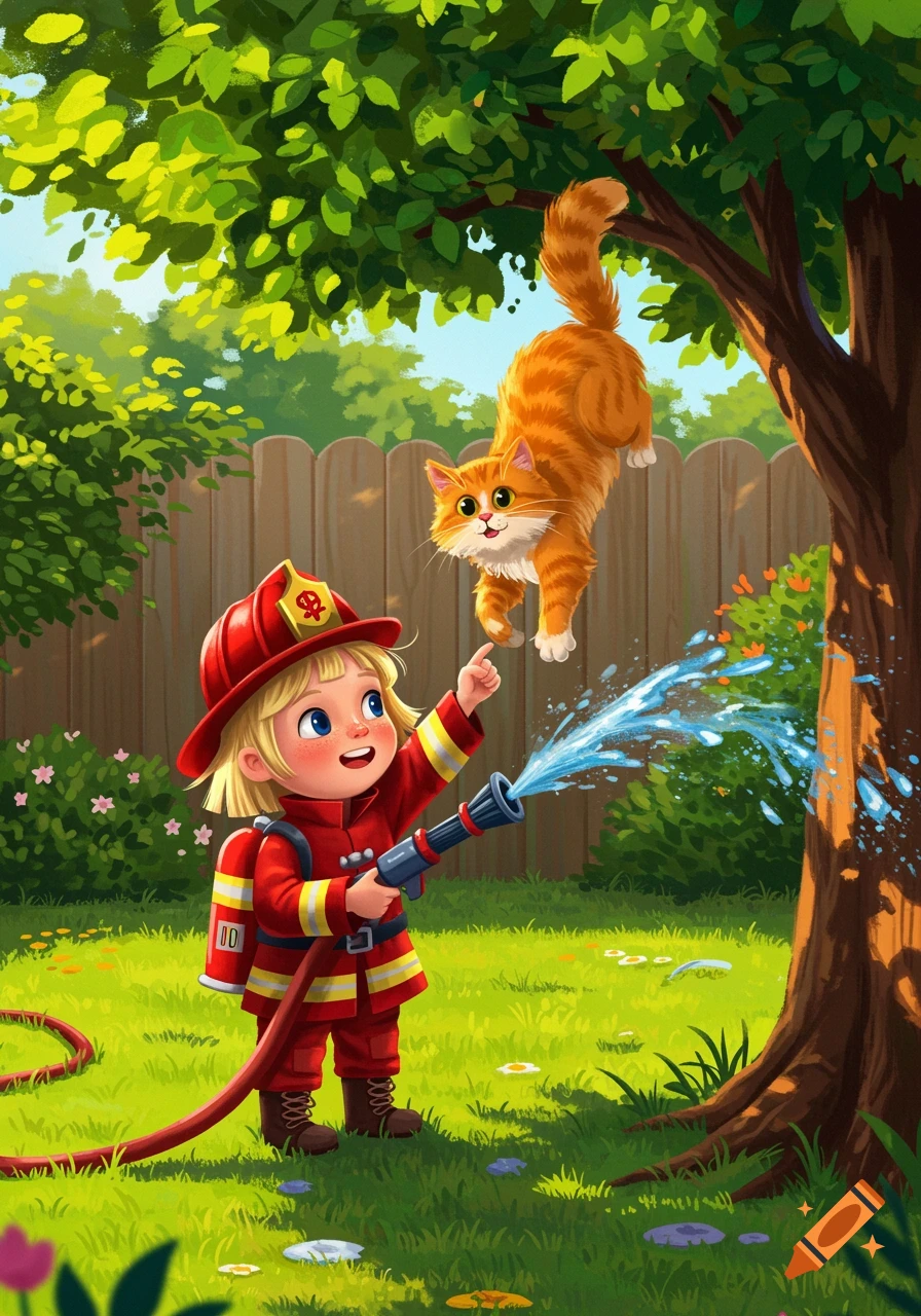 A cartoon child dressed as a firefighter points a water hose towards an orange cat in a tree.