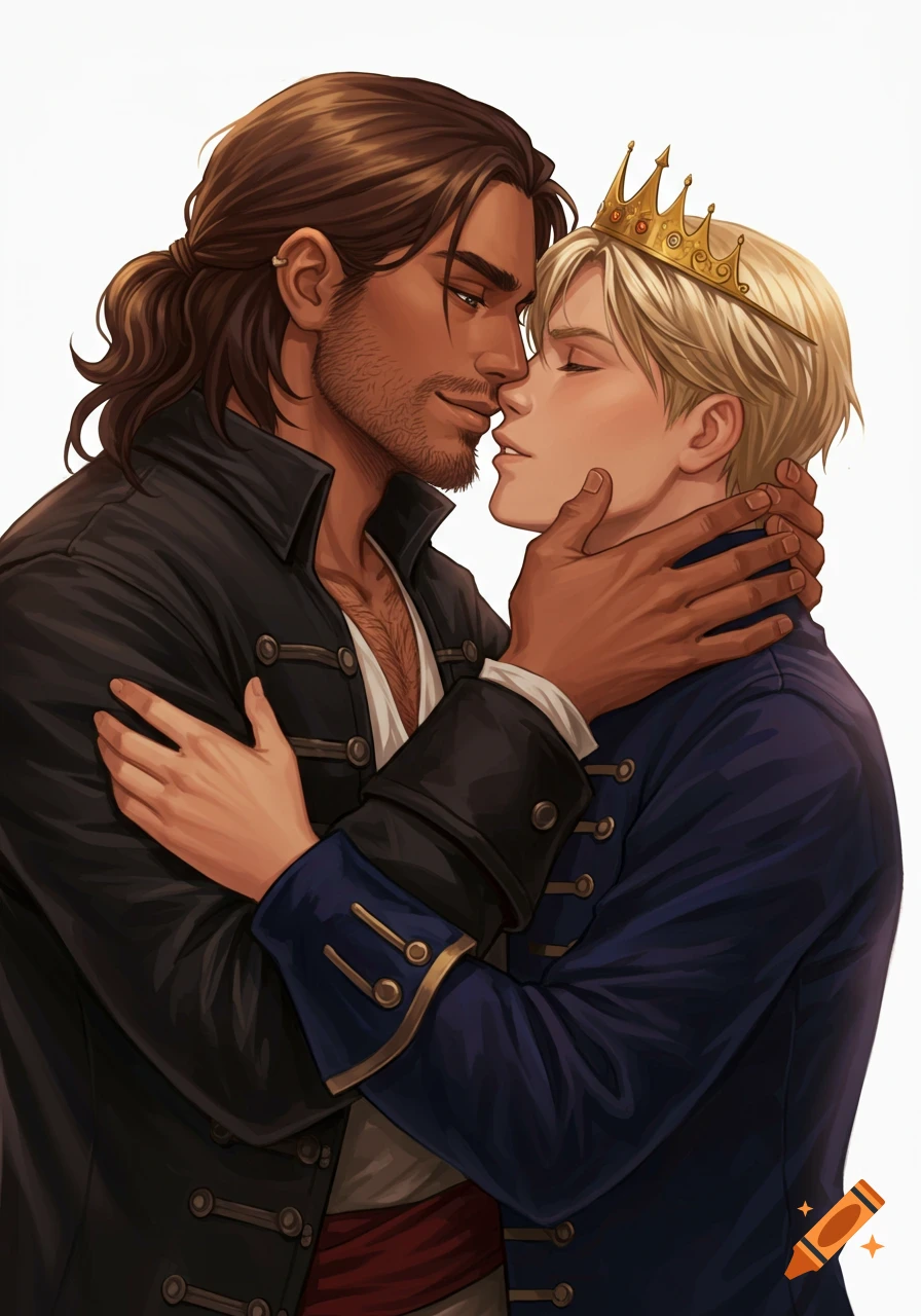Illustrated art of a tan-skinned pirate with long brown hair embracing and about to kiss a blonde prince wearing a gold crown.