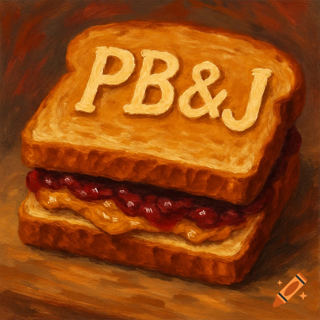 A painterly depiction of a peanut butter and jelly sandwich with 'PB & J' embossed on the top slice.