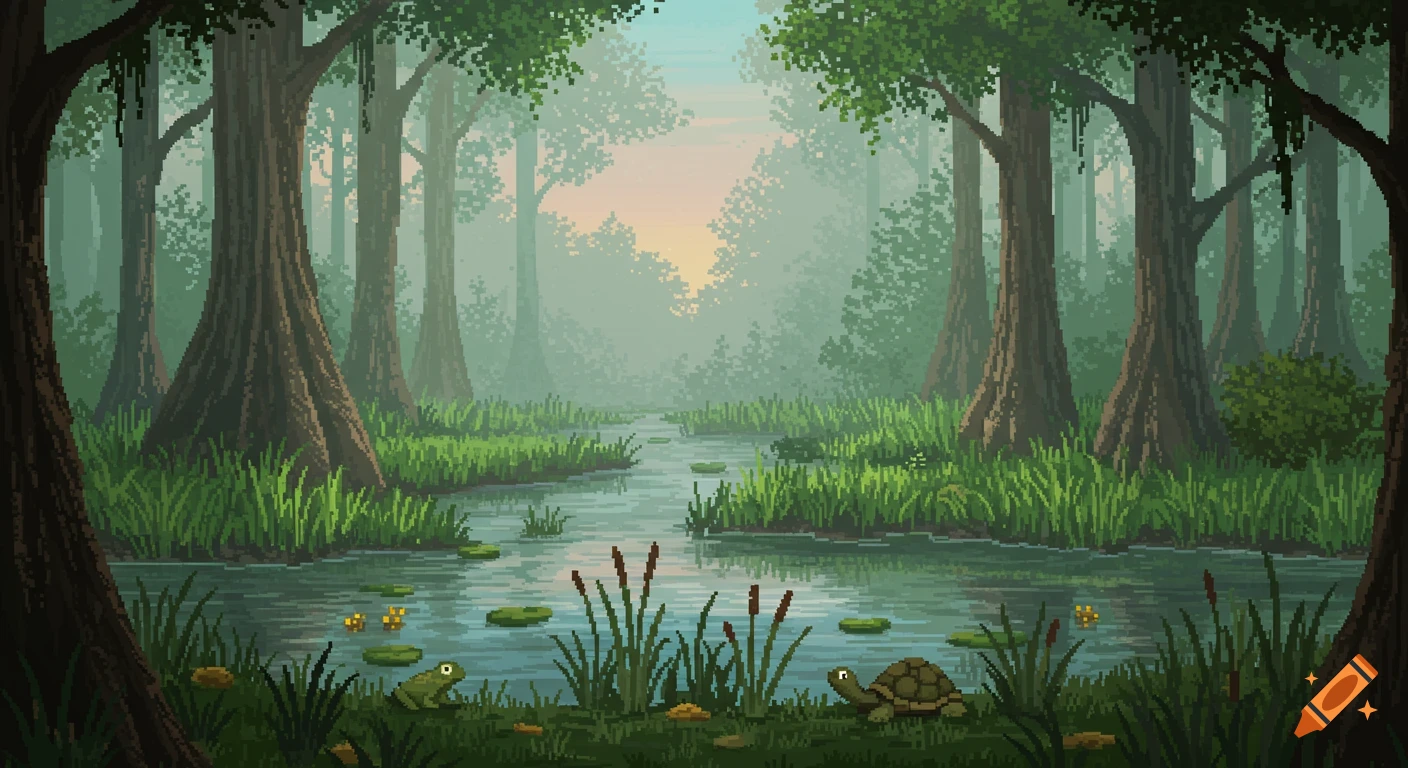 A vibrant pixel art swamp scene with tall trees, a winding river, lily pads, reeds, a frog, and a turtle, under a misty sunset sky.