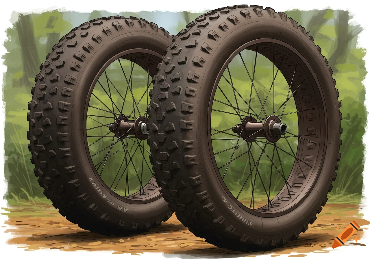 Two close-up fat bike wheels with knobby tires in a natural, painterly outdoor setting.