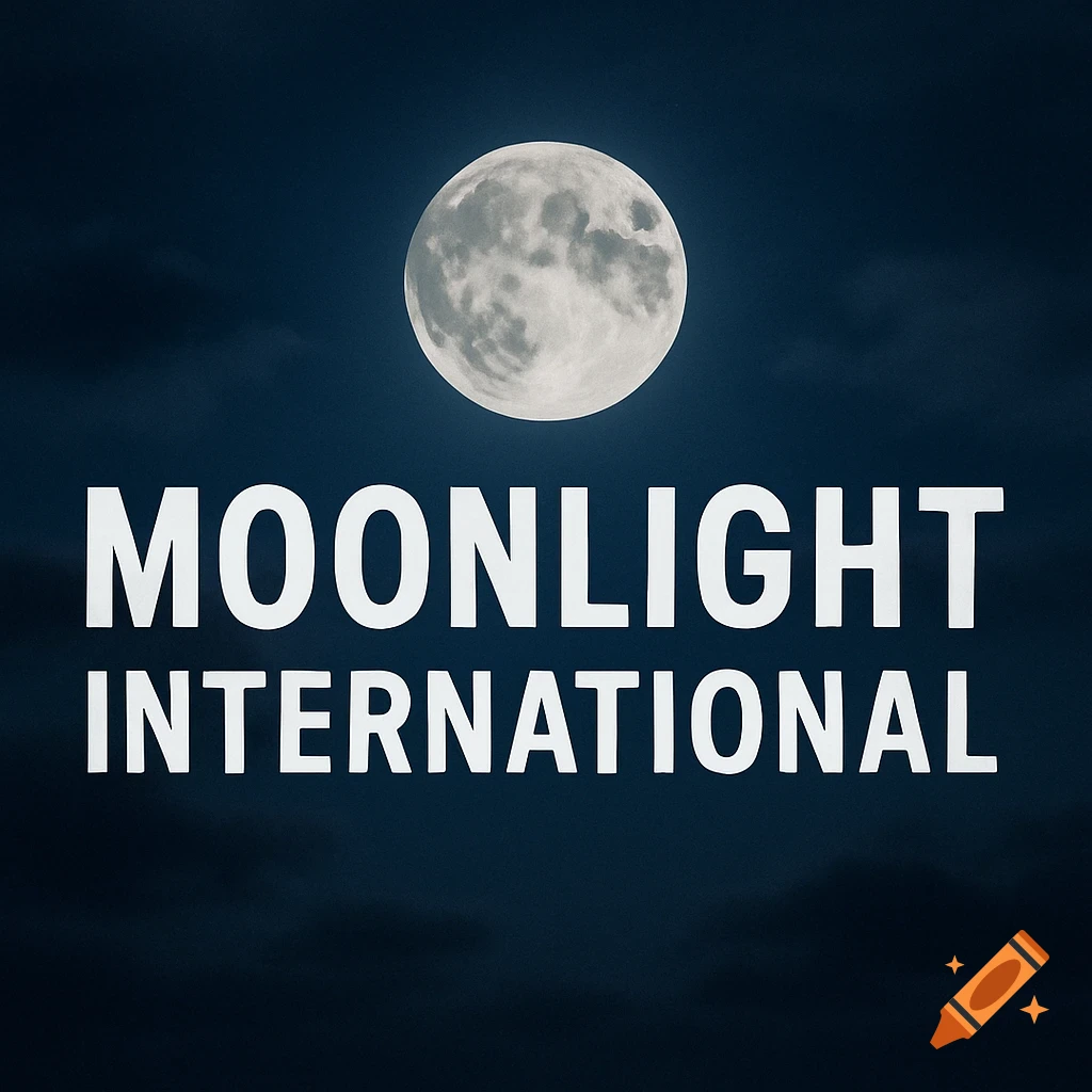 A full moon against a dark night sky with the white text 'MOONLIGHT INTERNATIONAL' below it.
