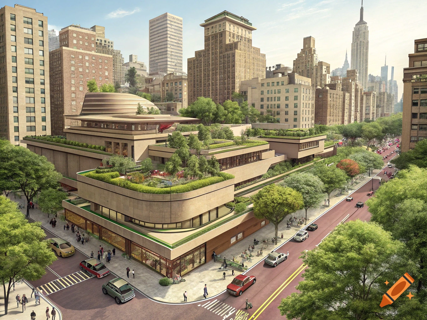 A photorealistic aerial view of a modern urban complex with terraced buildings, rooftop gardens, and tree-lined streets in a city.