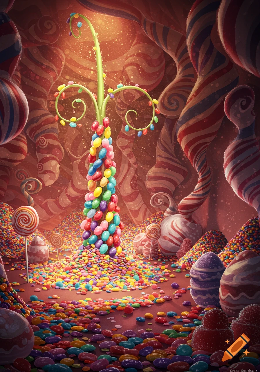 A vibrant, colorful candy land scene with a central jellybean plant surrounded by assorted candies and large striped formations.