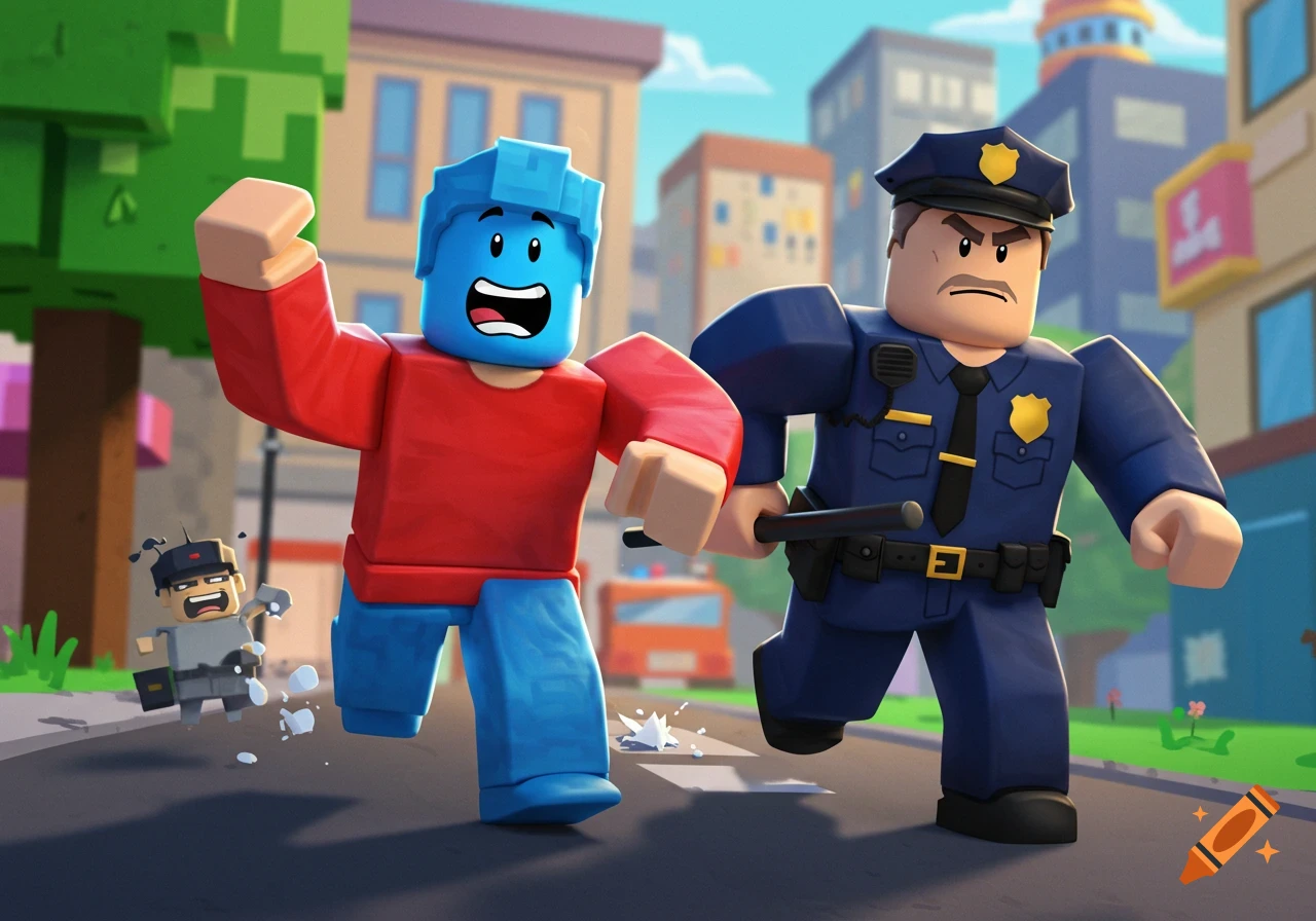 Roblox characters running in a city street, with a blue and red character being chased by a police officer, and a smaller character falling in the background.