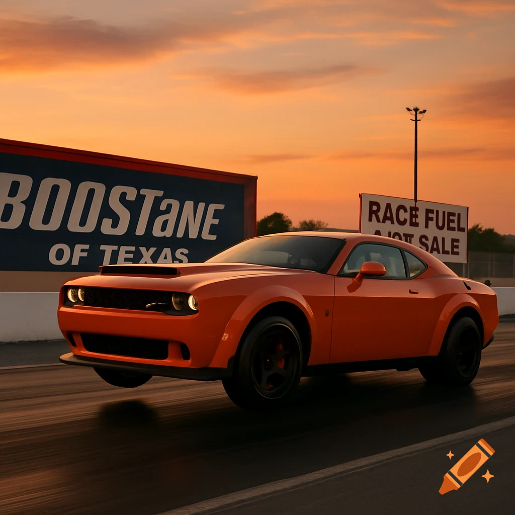 An orange Dodge Demon 170 drag racing, lifting its front wheels off the ground at sunset, with 'BOOSTANE OF TEXAS' and 'RACE FUEL' signs in the background.